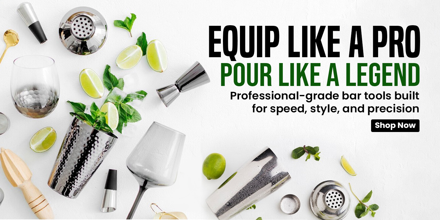 Professional-grade bar tools and equipment for cocktails, featuring stainless steel shakers, jiggers, strainers, and other essentials.